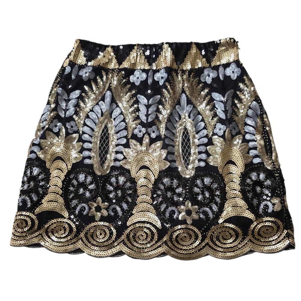 Main Strip Sequin Mini Skirt Gold Black Art Deco Party Glam Festival - Picture 2 of 9